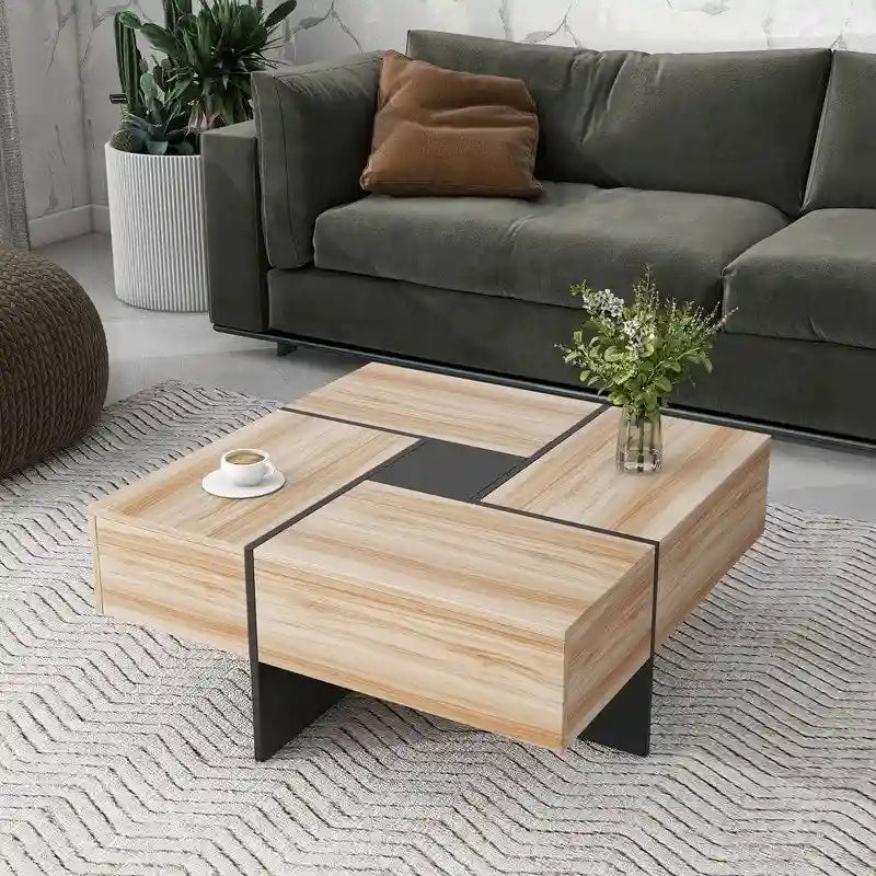 Table basse au design unique avec 4 compartiments de rangement dissimulés, table de salon carrée avec plateau coulissant extensible