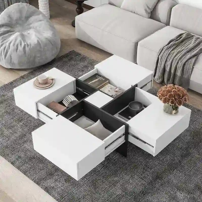 Table basse au design unique avec 4 compartiments de rangement dissimulés, table de salon carrée avec plateau coulissant extensible