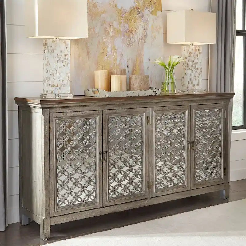 Wirebrushed Gray 4-Door Mirrored Accent Cabinet