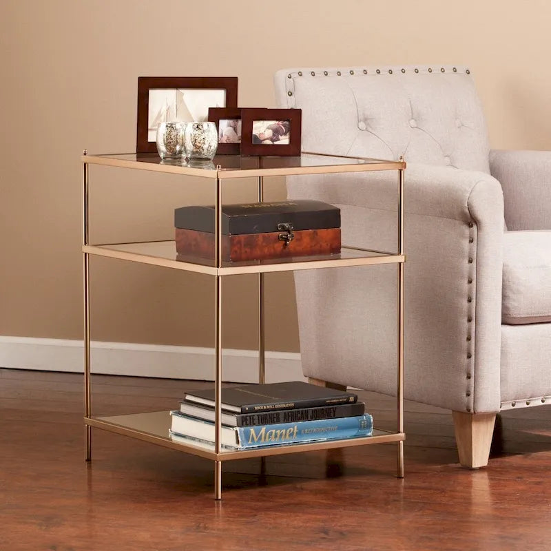 27 Gold Glass And Iron Square Mirrored End Table With Shelf - 22x18x26.75