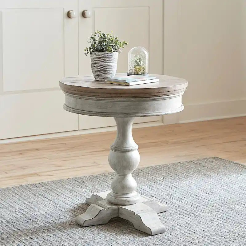 Antique White Round Pedestal Chair Side Table