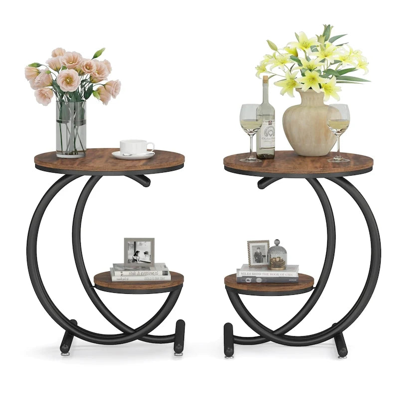 Table d'appoint ronde à deux niveaux en marbre avec étagère de rangement (Moderne/Industriel)