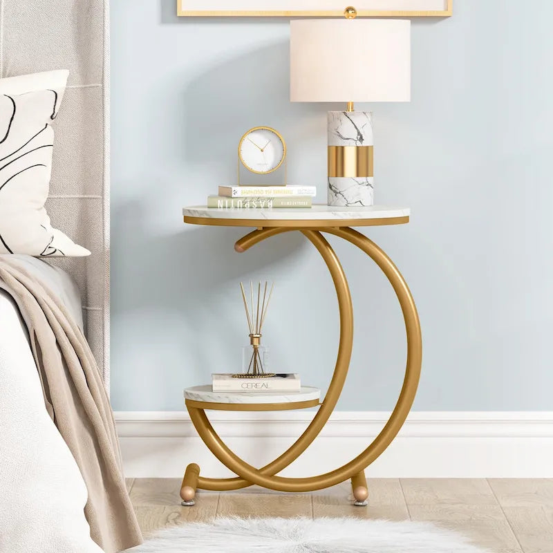2-Tier Round Marble End Table with Storage Shelf (Modern/Industrial)