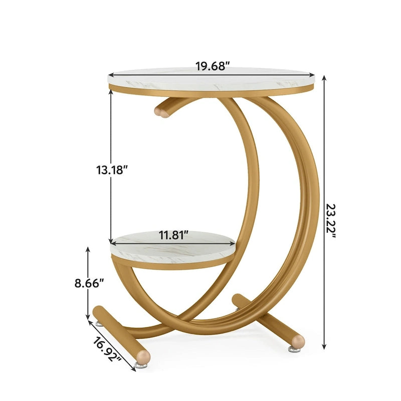 2-Tier Round Marble End Table with Storage Shelf (Modern/Industrial)