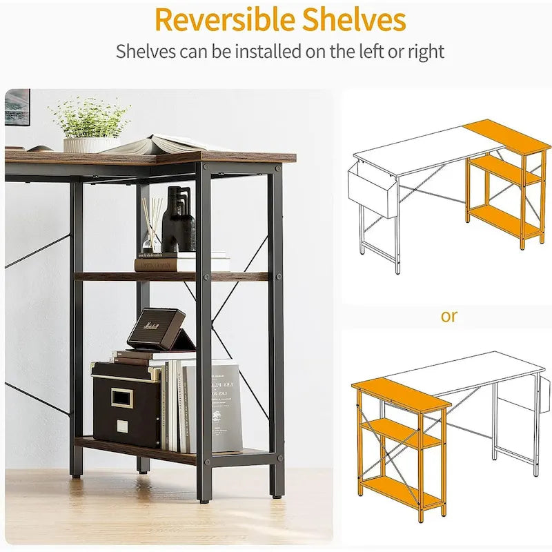 Computer Desk with 2-Tier Shelves and Storage Bag