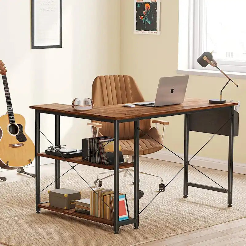 Computer Desk with 2-Tier Shelves and Storage Bag