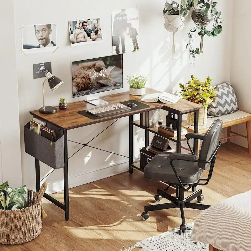 Computer Desk with 2-Tier Shelves and Storage Bag