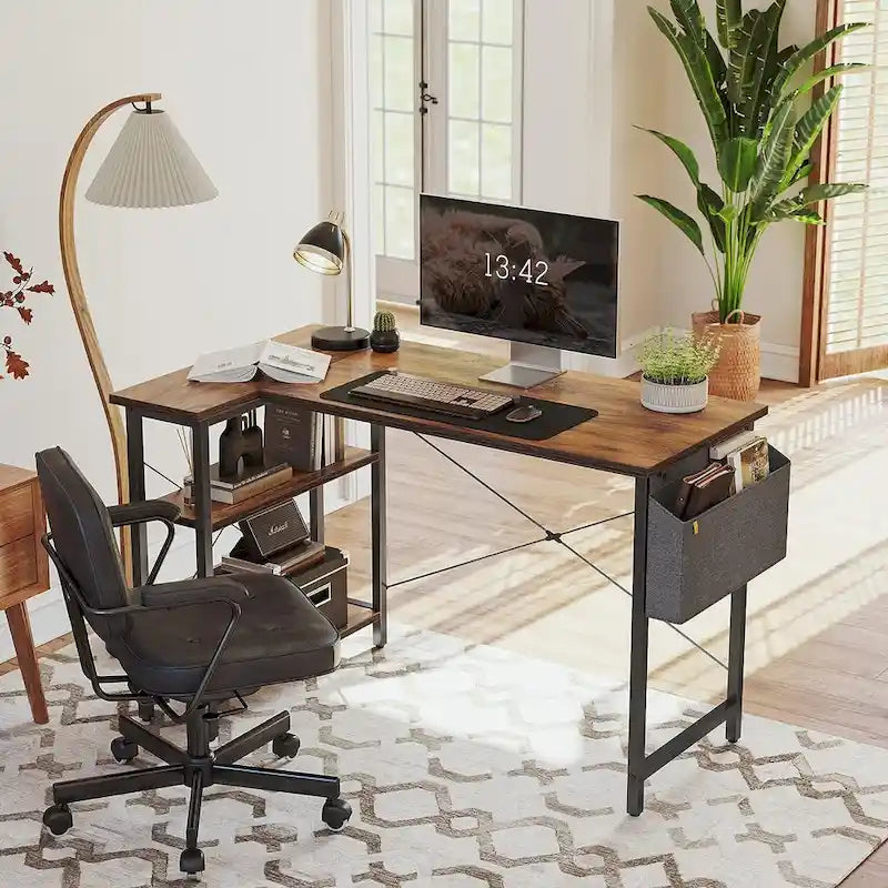 Computer Desk with 2-Tier Shelves and Storage Bag