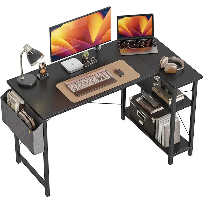 Computer Desk with 2-Tier Shelves and Storage Bag