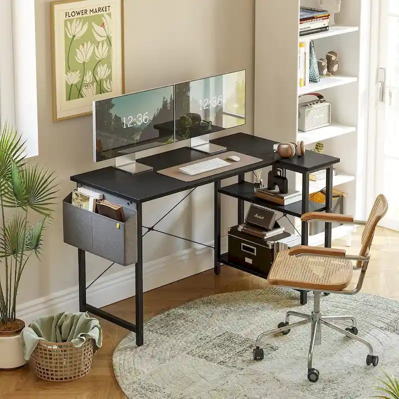 Computer Desk with 2-Tier Shelves and Storage Bag