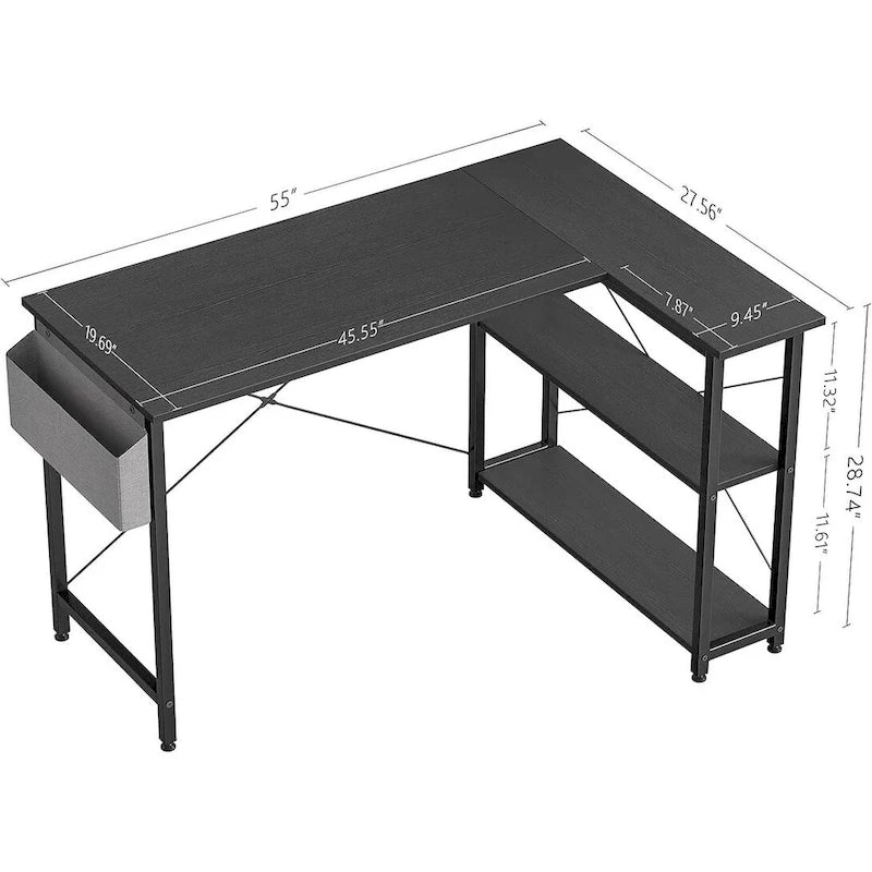 Computer Desk with 2-Tier Shelves and Storage Bag