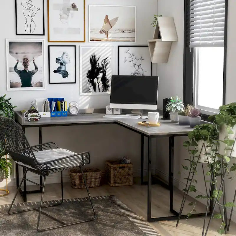 Industrial 59-inch Metal L-Shape Computer Desk with USB