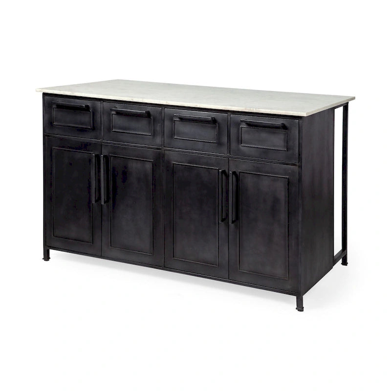 White Marble Top Kitchen Island with Black Iron Frame - 58W x 32D x 37H