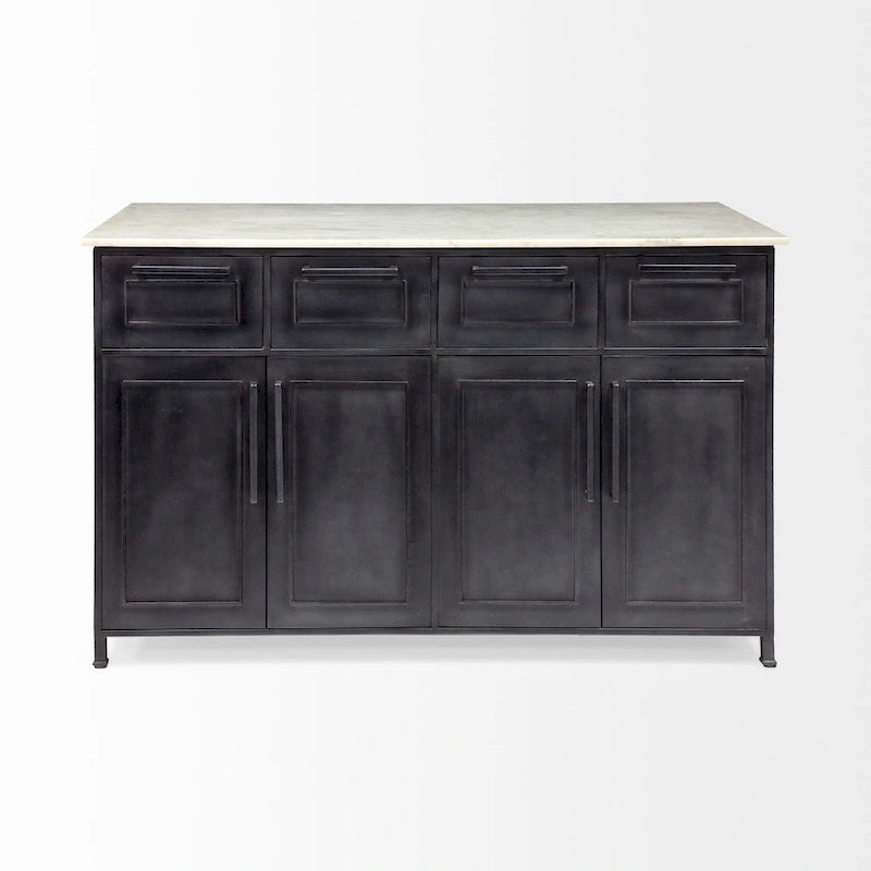 White Marble Top Kitchen Island with Black Iron Frame - 58W x 32D x 37H