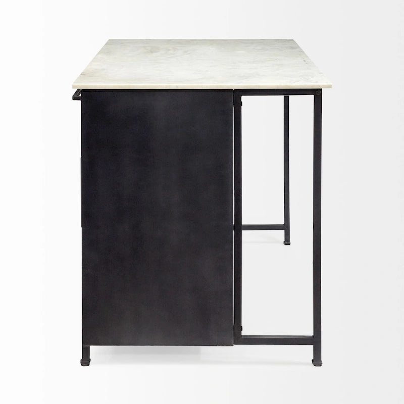 White Marble Top Kitchen Island with Black Iron Frame - 58W x 32D x 37H