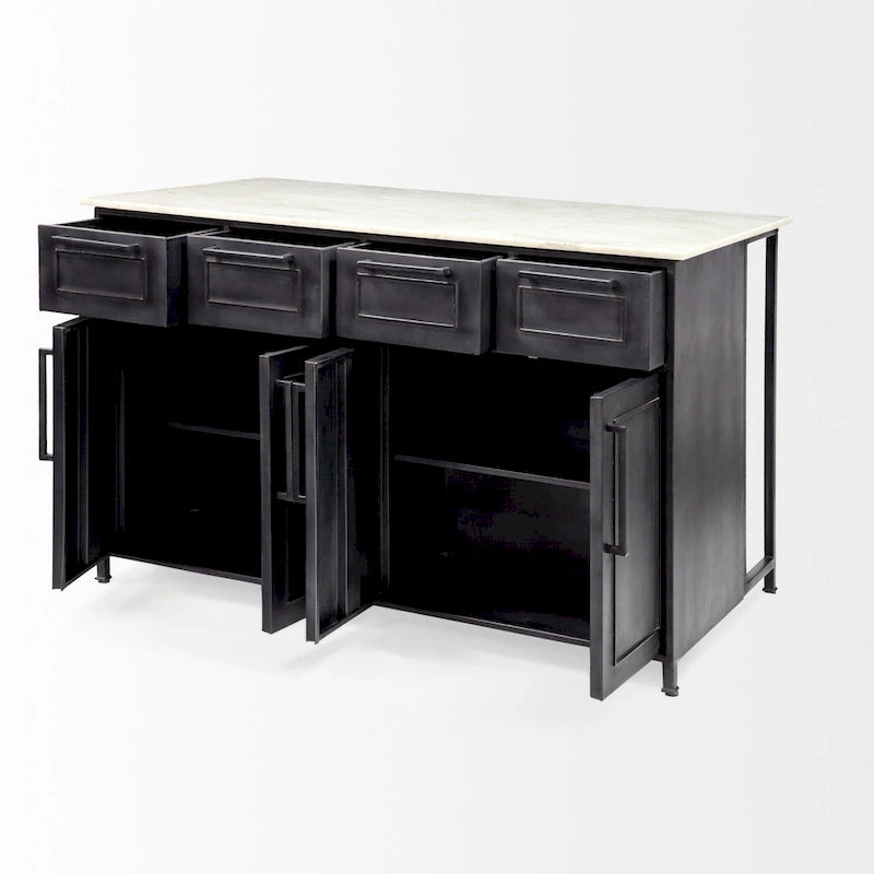 White Marble Top Kitchen Island with Black Iron Frame - 58W x 32D x 37H