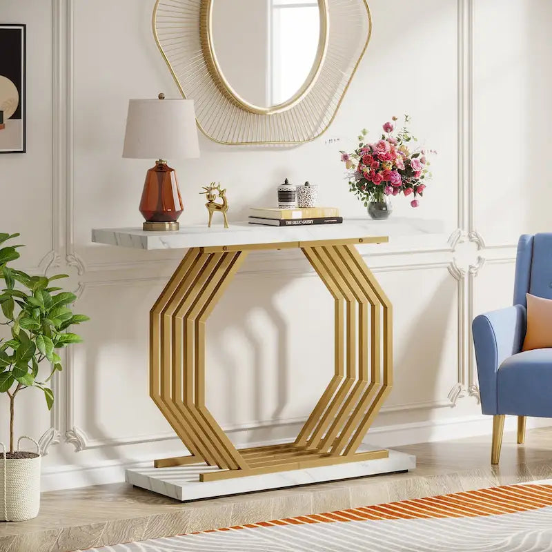 39.37 Gold Console Table, Modern White Marble Sofa Table with Geometric Metal Base