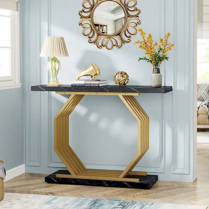 39.37 Gold Console Table, Modern White Marble Sofa Table with Geometric Metal Base