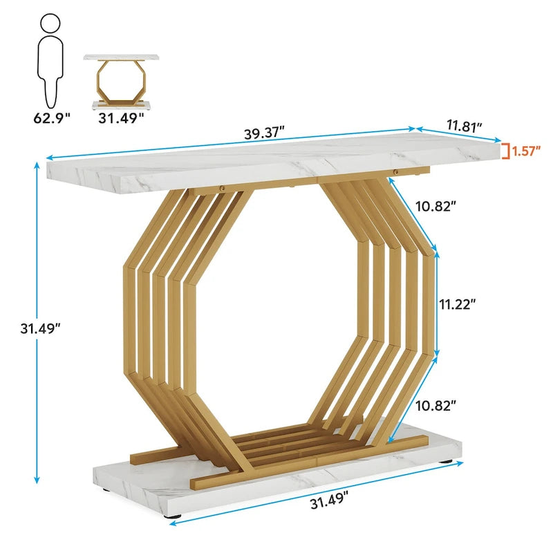 39.37 Gold Console Table, Modern White Marble Sofa Table with Geometric Metal Base
