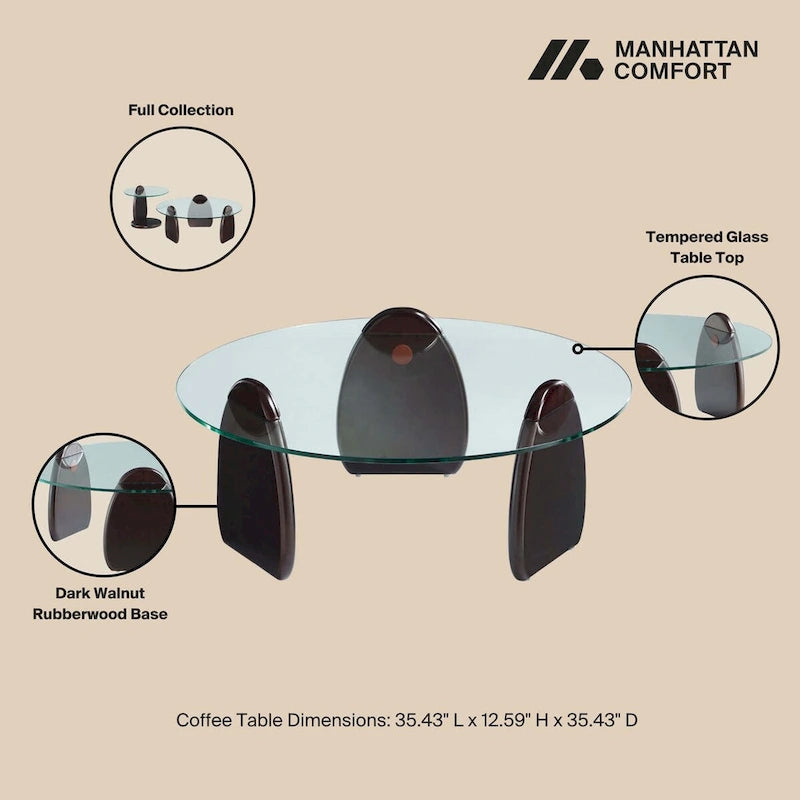 Dark Walnut Modern Coffee Table with Tempered Glass Top