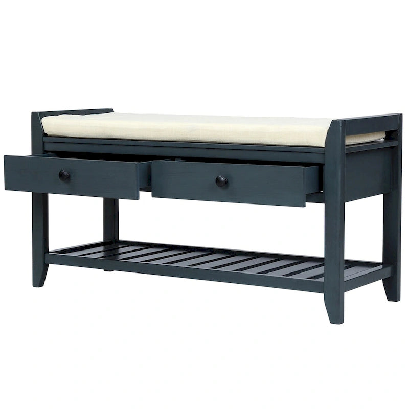 Shoe Rack with Cushioned Seat and Drawers, Multipurpose Storage Bench, Antique Navy - 39L x 14W x 19.8H