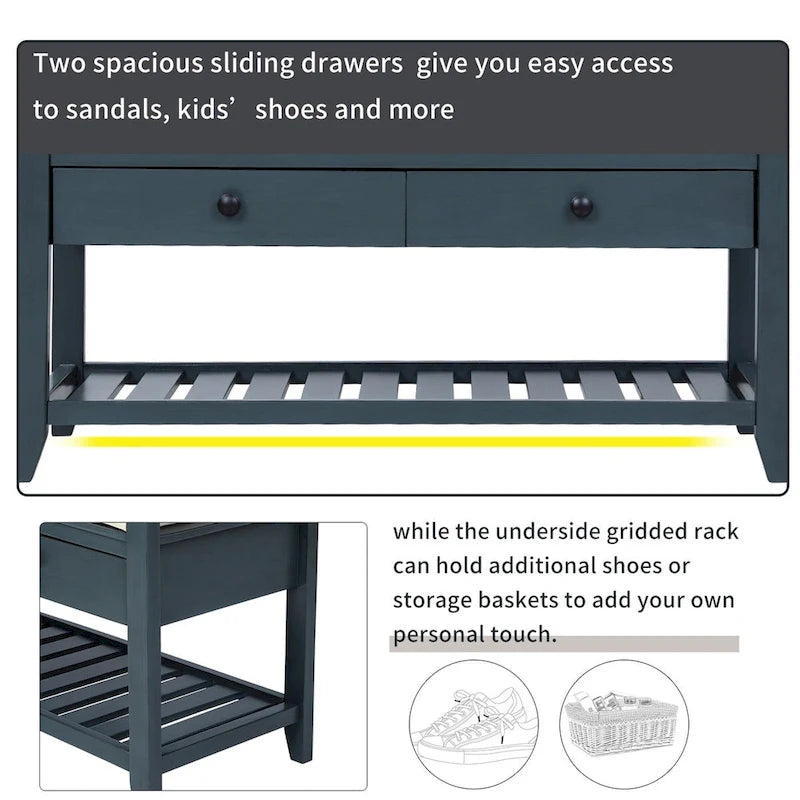 Shoe Rack with Cushioned Seat and Drawers, Multipurpose Storage Bench, Antique Navy - 39L x 14W x 19.8H