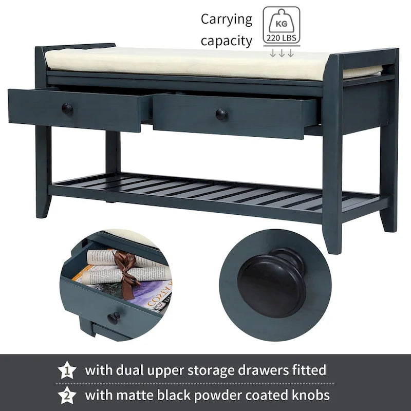 Shoe Rack with Cushioned Seat and Drawers, Multipurpose Storage Bench, Antique Navy - 39L x 14W x 19.8H