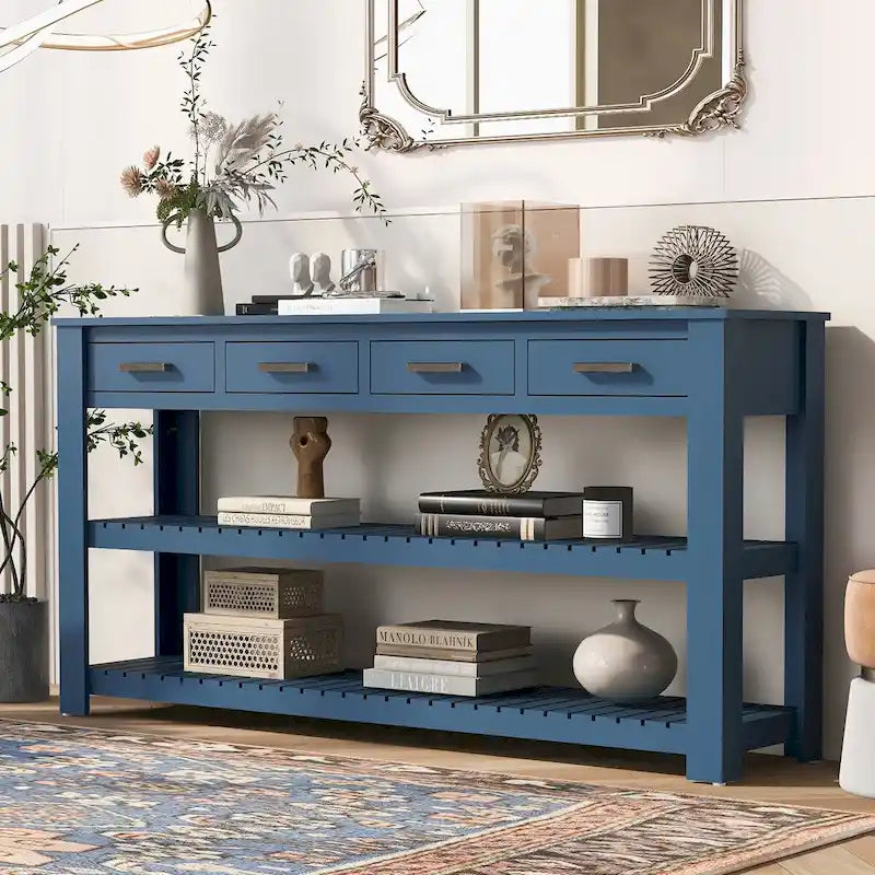 Table console d'entrée avec 4 tiroirs et 2 étagères pour couloir, salons