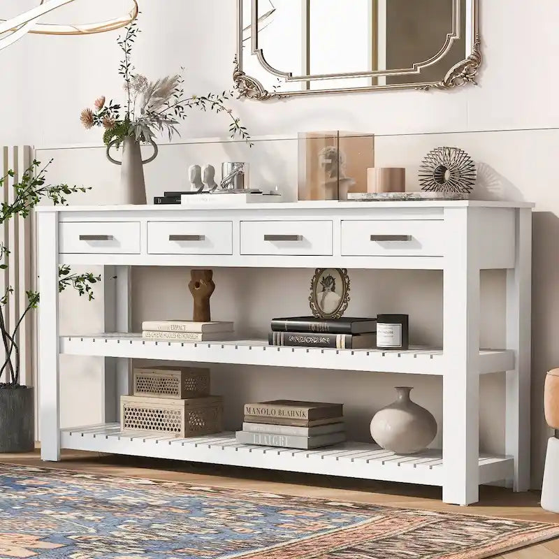Table console d'entrée avec 4 tiroirs et 2 étagères pour couloir, salons