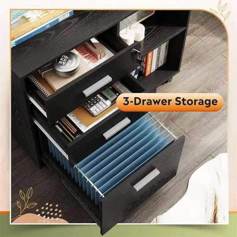 3-Drawer Wood File Cabinet with Lock - 15.7D x 31.3W x 24.7H