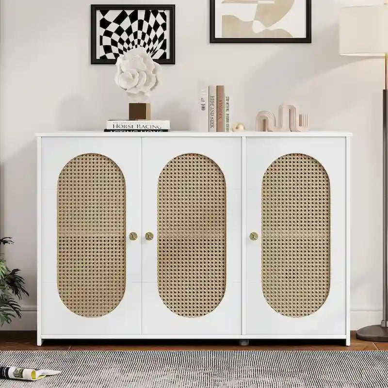 Retro 3-Door Sideboard with Rattan Doors and Metal Handles