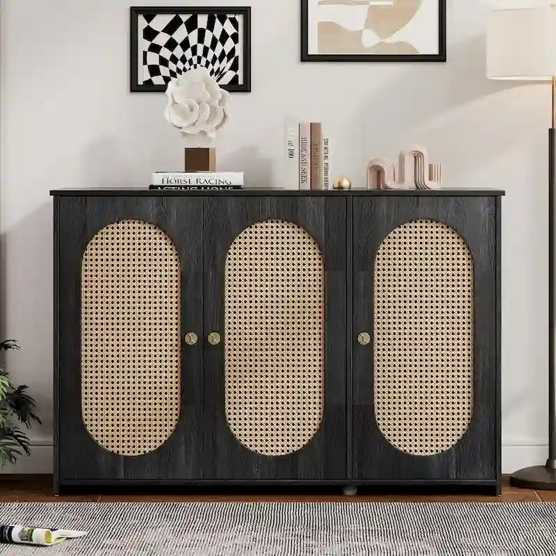 Retro 3-Door Sideboard with Rattan Doors and Metal Handles