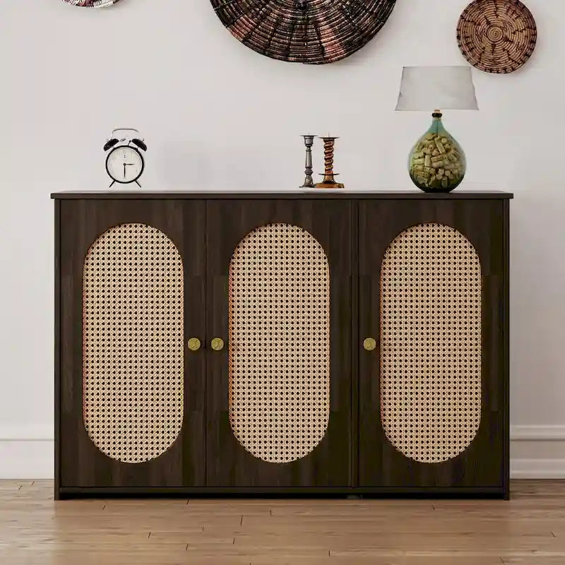 Retro 3-Door Sideboard with Rattan Doors and Metal Handles