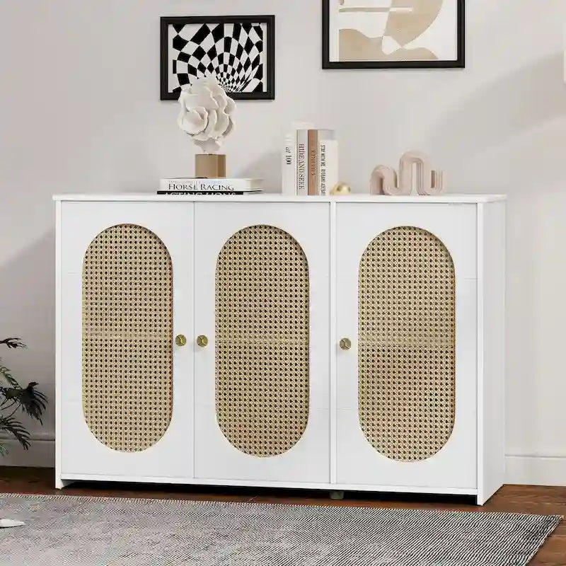 Retro 3-Door Sideboard with Rattan Doors and Metal Handles