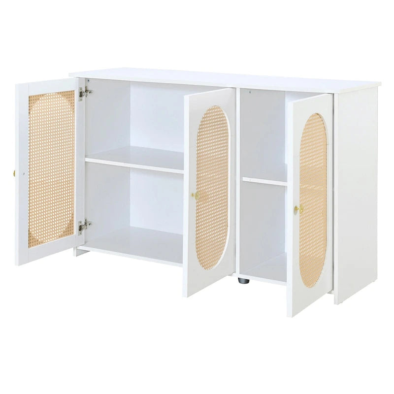 Retro 3-Door Sideboard with Rattan Doors and Metal Handles