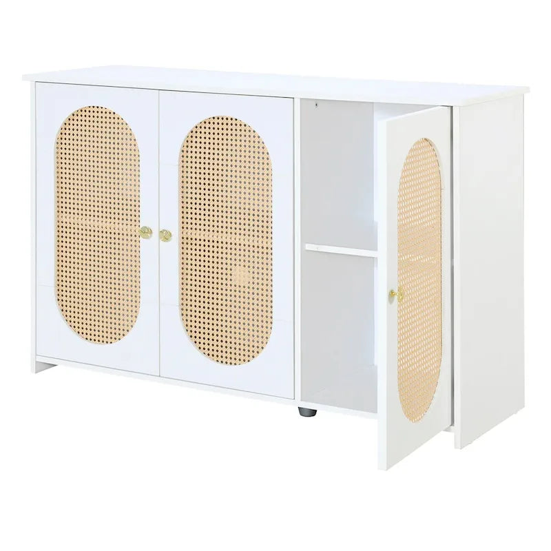 Retro 3-Door Sideboard with Rattan Doors and Metal Handles