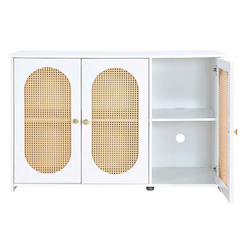 Retro 3-Door Sideboard with Rattan Doors and Metal Handles