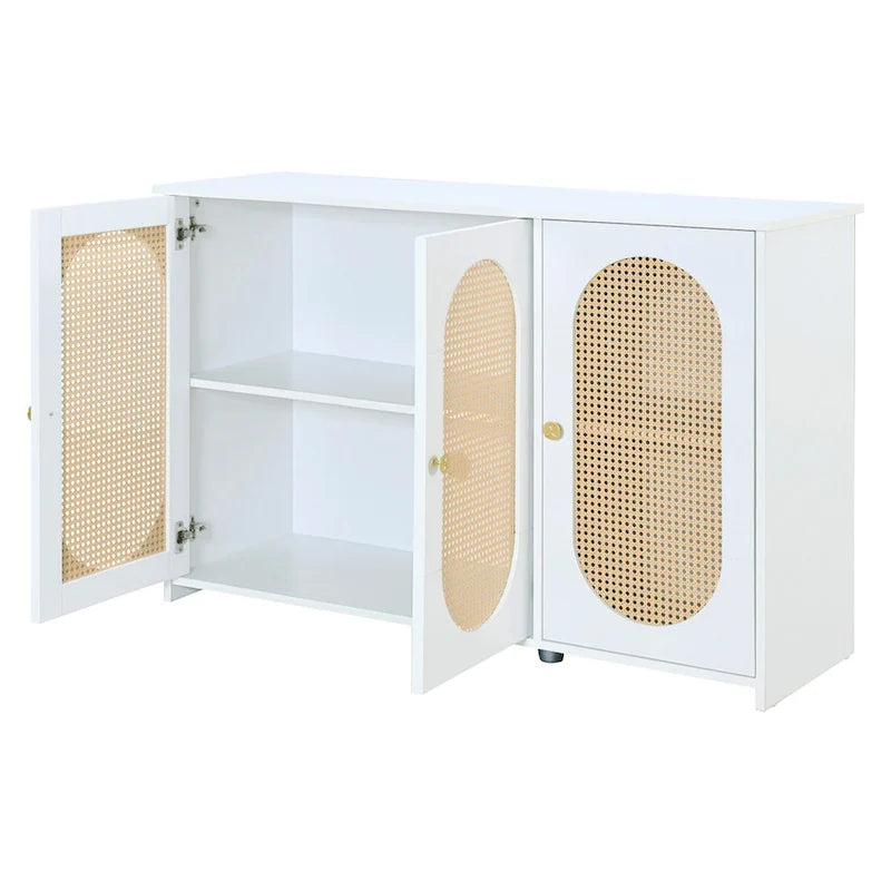 Retro 3-Door Sideboard with Rattan Doors and Metal Handles