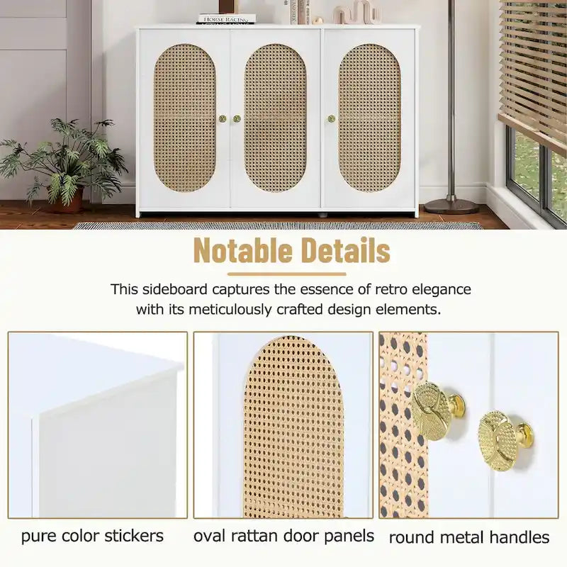 Retro 3-Door Sideboard with Rattan Doors and Metal Handles