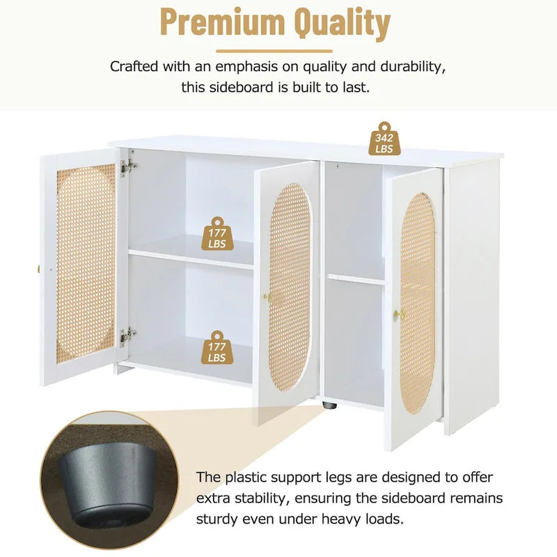 Retro 3-Door Sideboard with Rattan Doors and Metal Handles