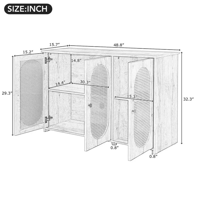 Retro 3-Door Sideboard with Rattan Doors and Metal Handles
