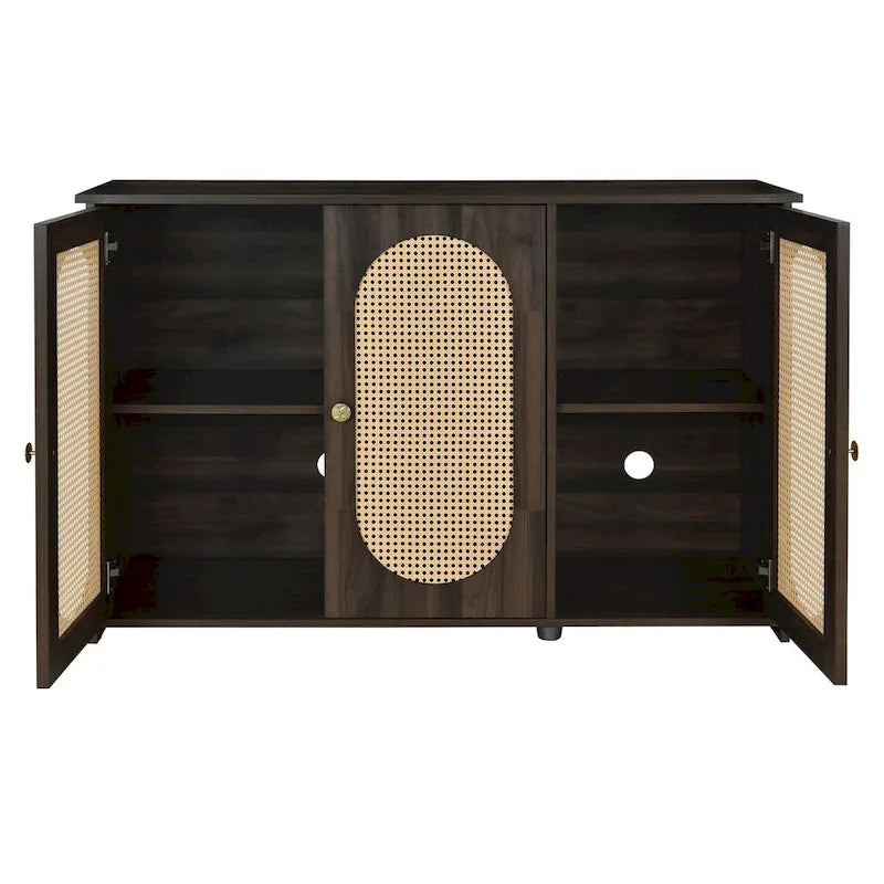 Retro 3-Door Sideboard with Rattan Doors and Metal Handles