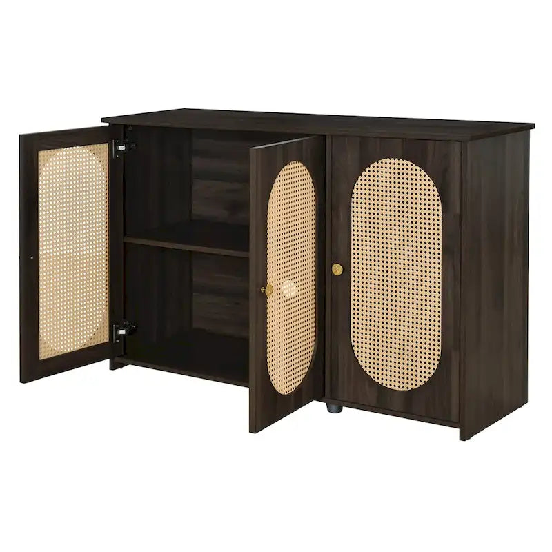 Retro 3-Door Sideboard with Rattan Doors and Metal Handles