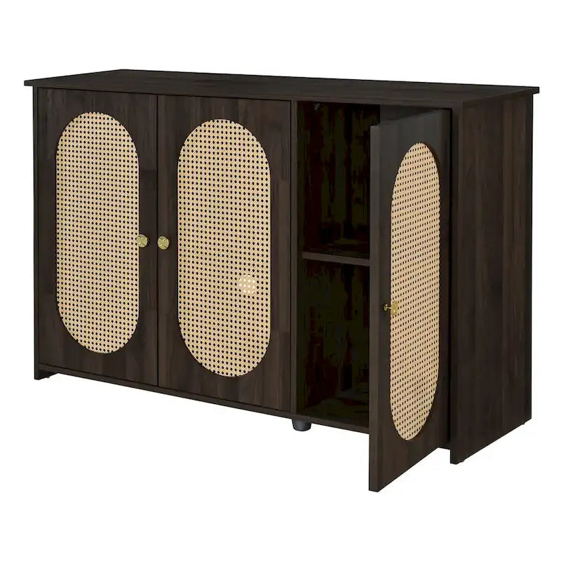 Retro 3-Door Sideboard with Rattan Doors and Metal Handles