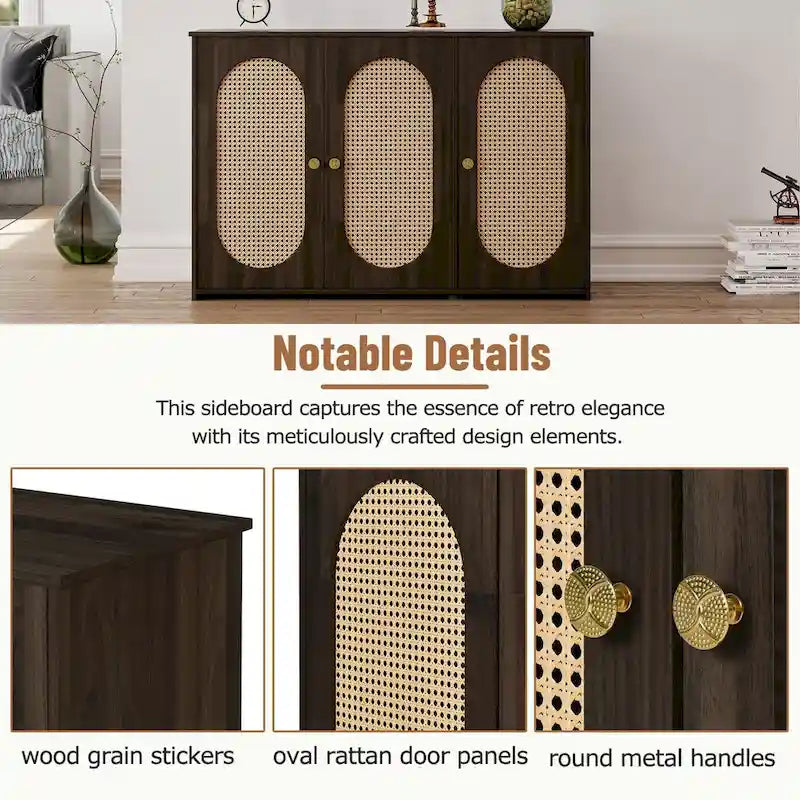 Retro 3-Door Sideboard with Rattan Doors and Metal Handles