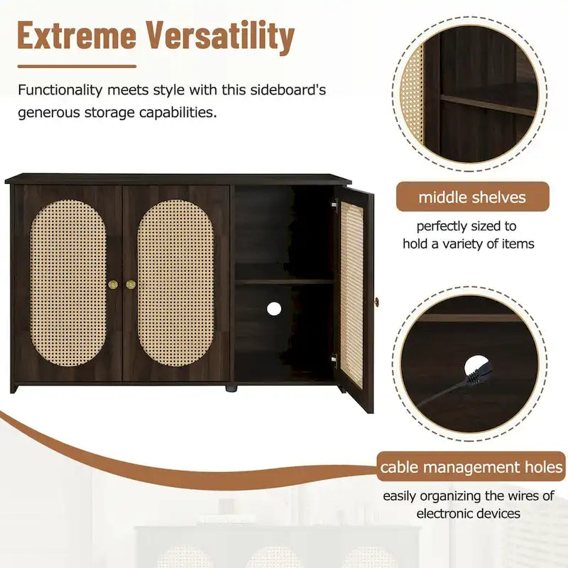 Retro 3-Door Sideboard with Rattan Doors and Metal Handles