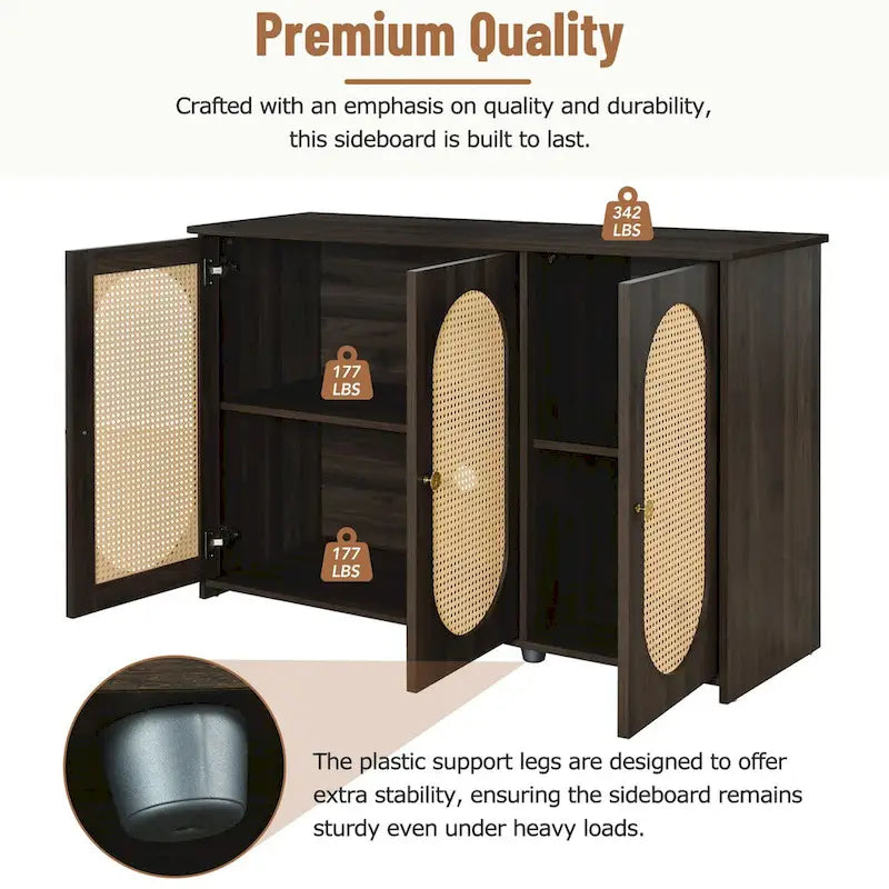 Retro 3-Door Sideboard with Rattan Doors and Metal Handles