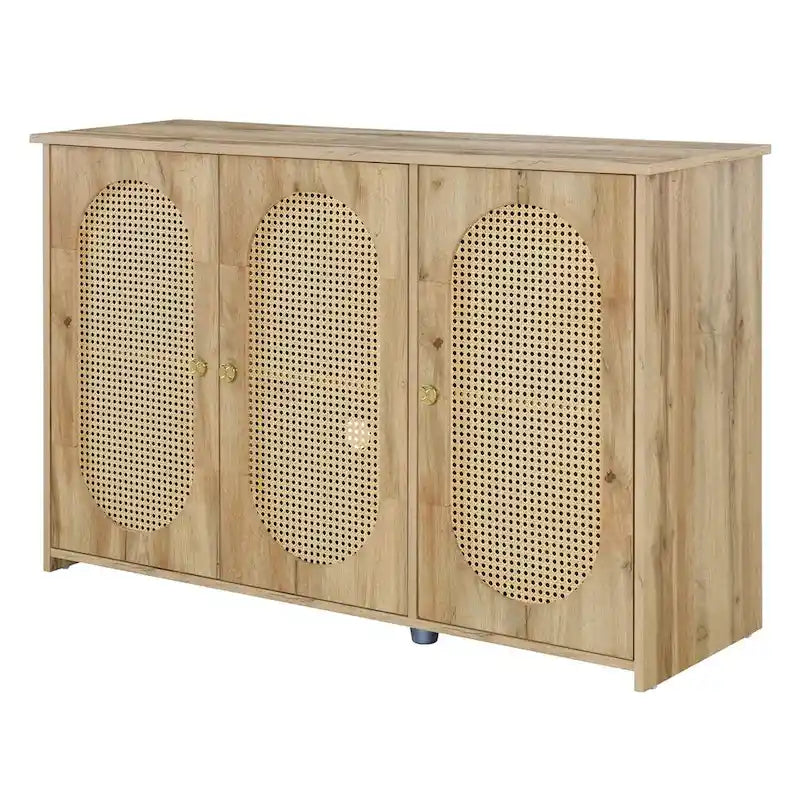 Retro 3-Door Sideboard with Rattan Doors and Metal Handles